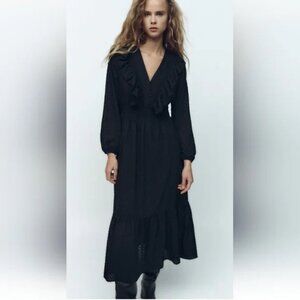 Zara Dotted Mesh Black Maxi Dress with Ruffles